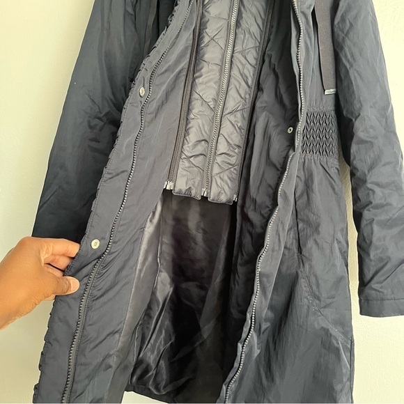 T Tahari Hooded Ribbed-Trim A-Line Jacket, Navy - Picture 9 of 14